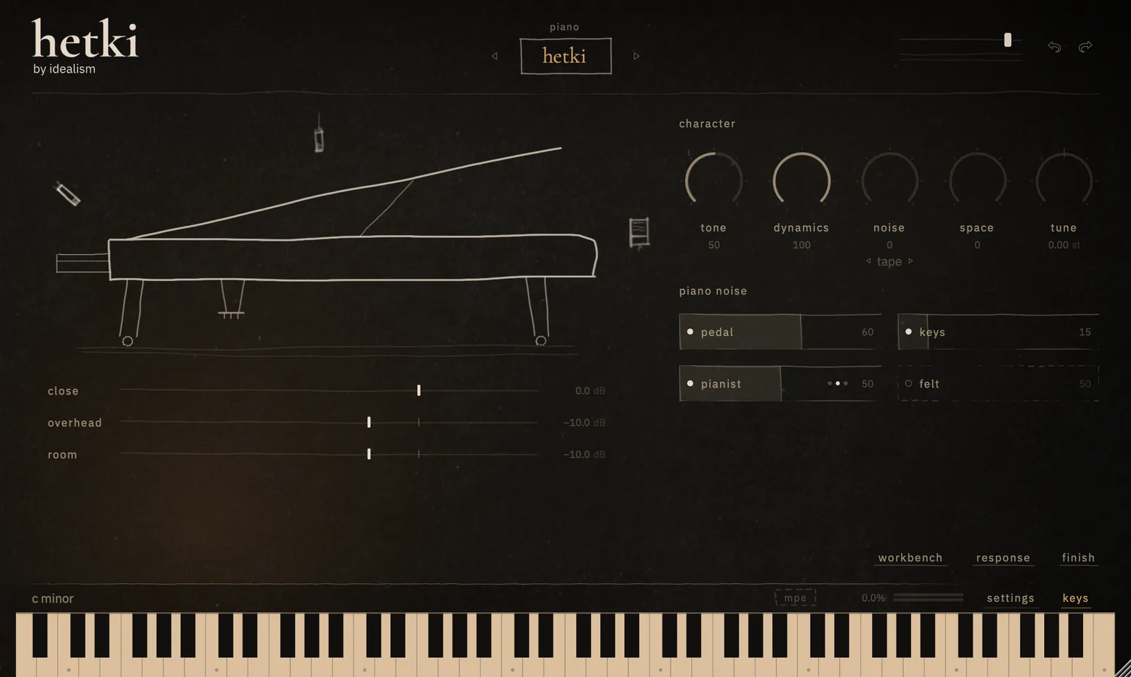 The hetki interface: a hand-drawn grand piano in cream ink on warm near-black, with mic faders, character knobs and the noise layers